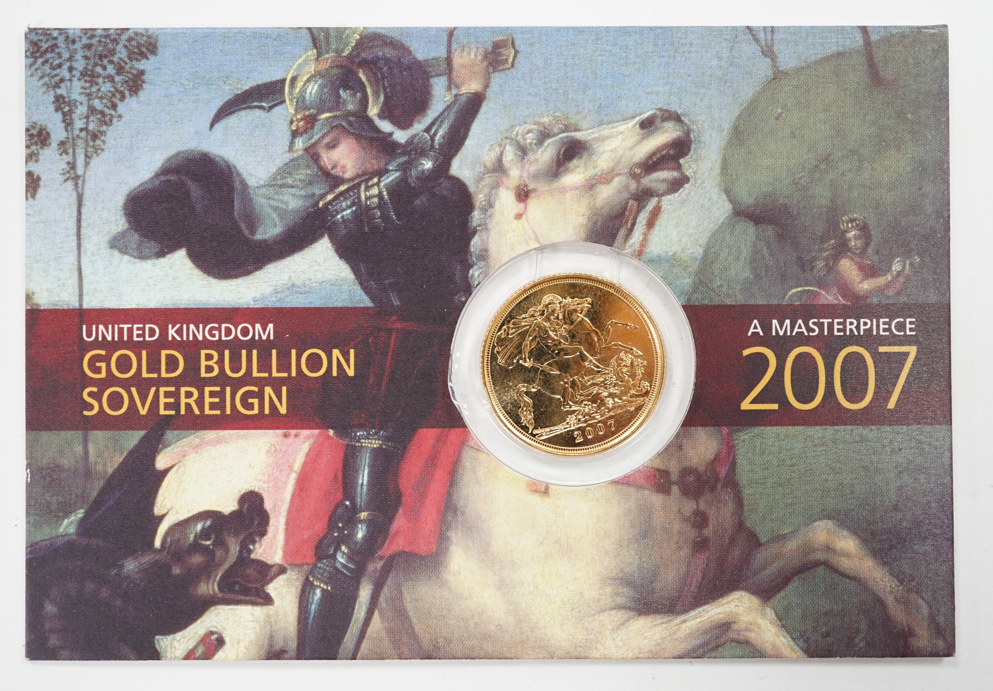 British gold coins, Elizabeth II, 2007 Gold bullion sovereign St. George & The Dragon, BUNC, Royal Mint card